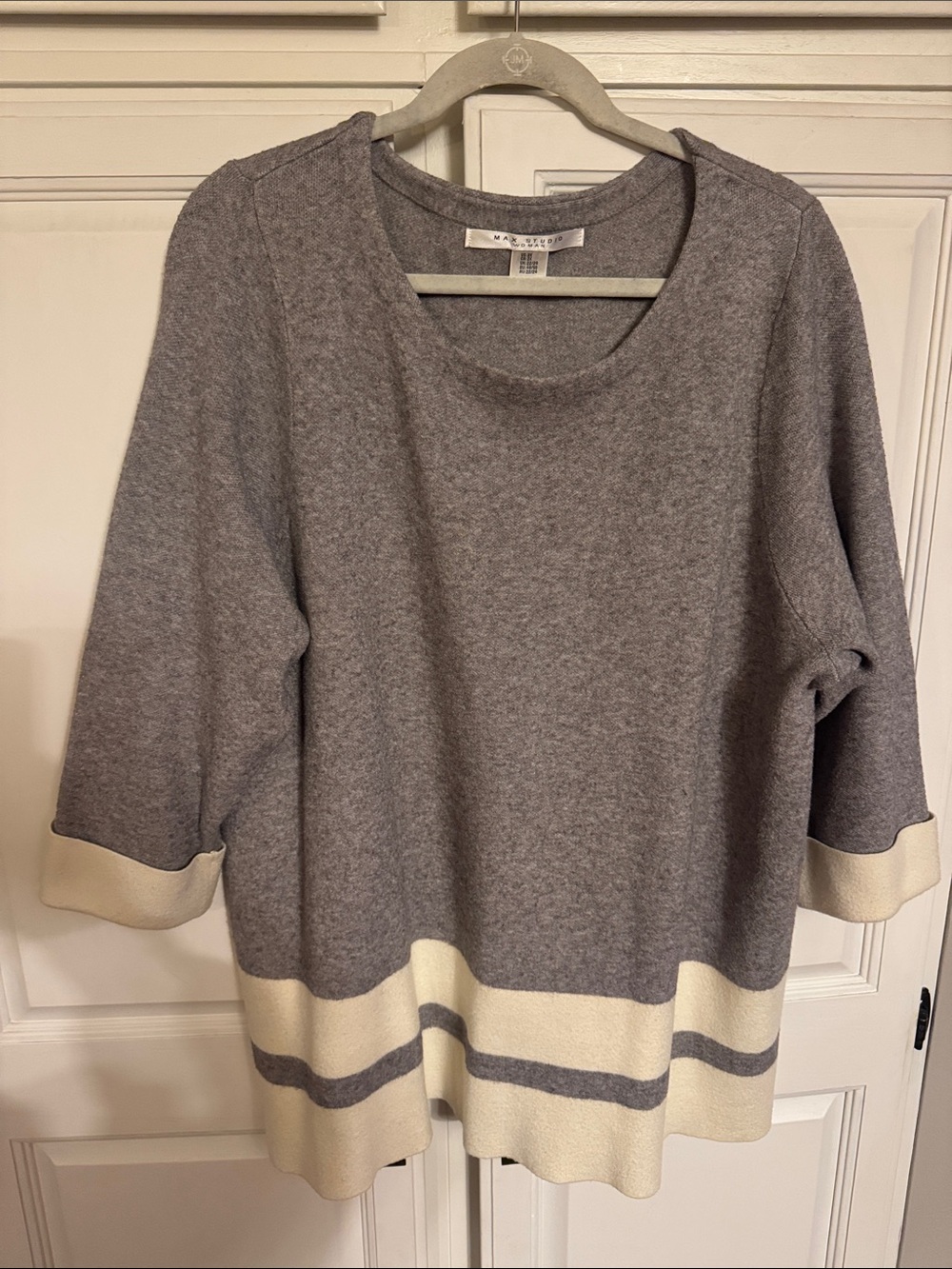 Max Studio Gray Crewneck Sweater with Cream Stripes